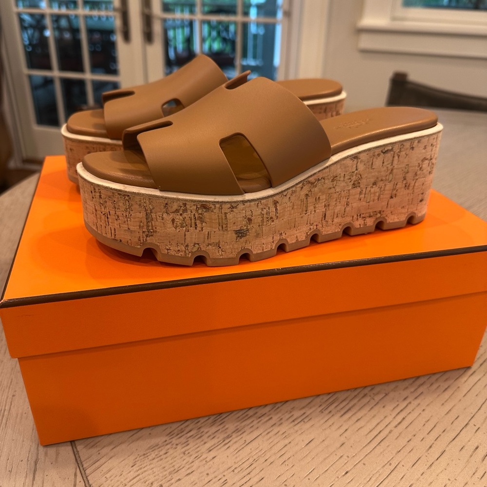 Hermes Brown Platform Sandals with Cork Sole